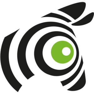 Logoen til Sebra Forvaltning. Et Sebra hode med grønt øye