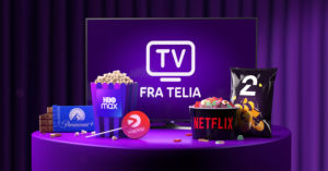 En tv med Telia, foran står det godteri med logoene til Paramount +, HBO Max, Viaplay, Netflix og TV2